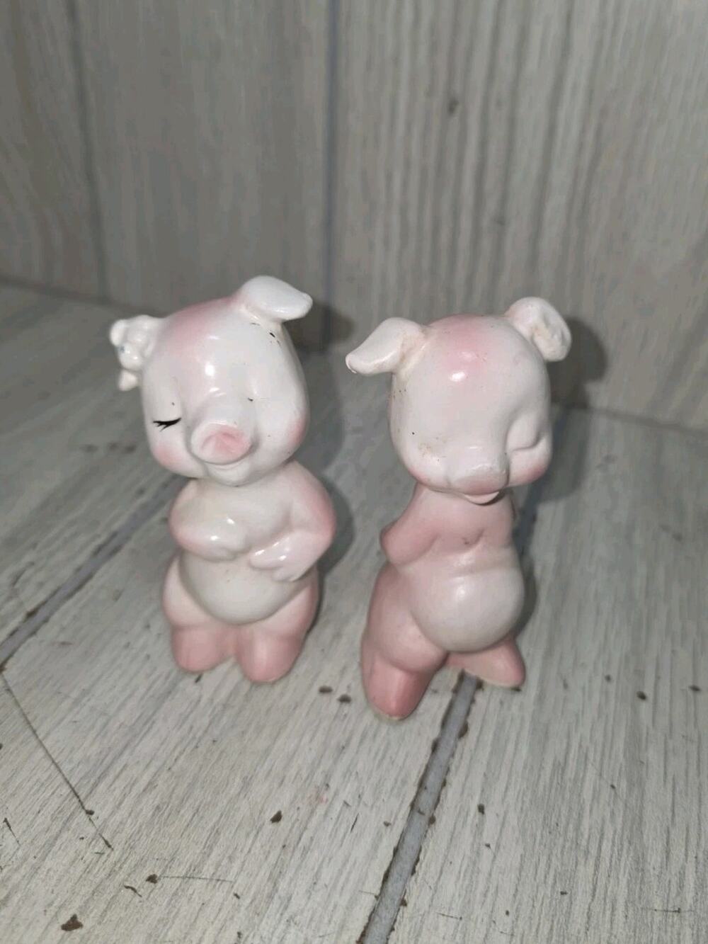 Vintage Winking Pig Salt & Pepper Shakers Pink White Japan Hand Painted Pigs 3"